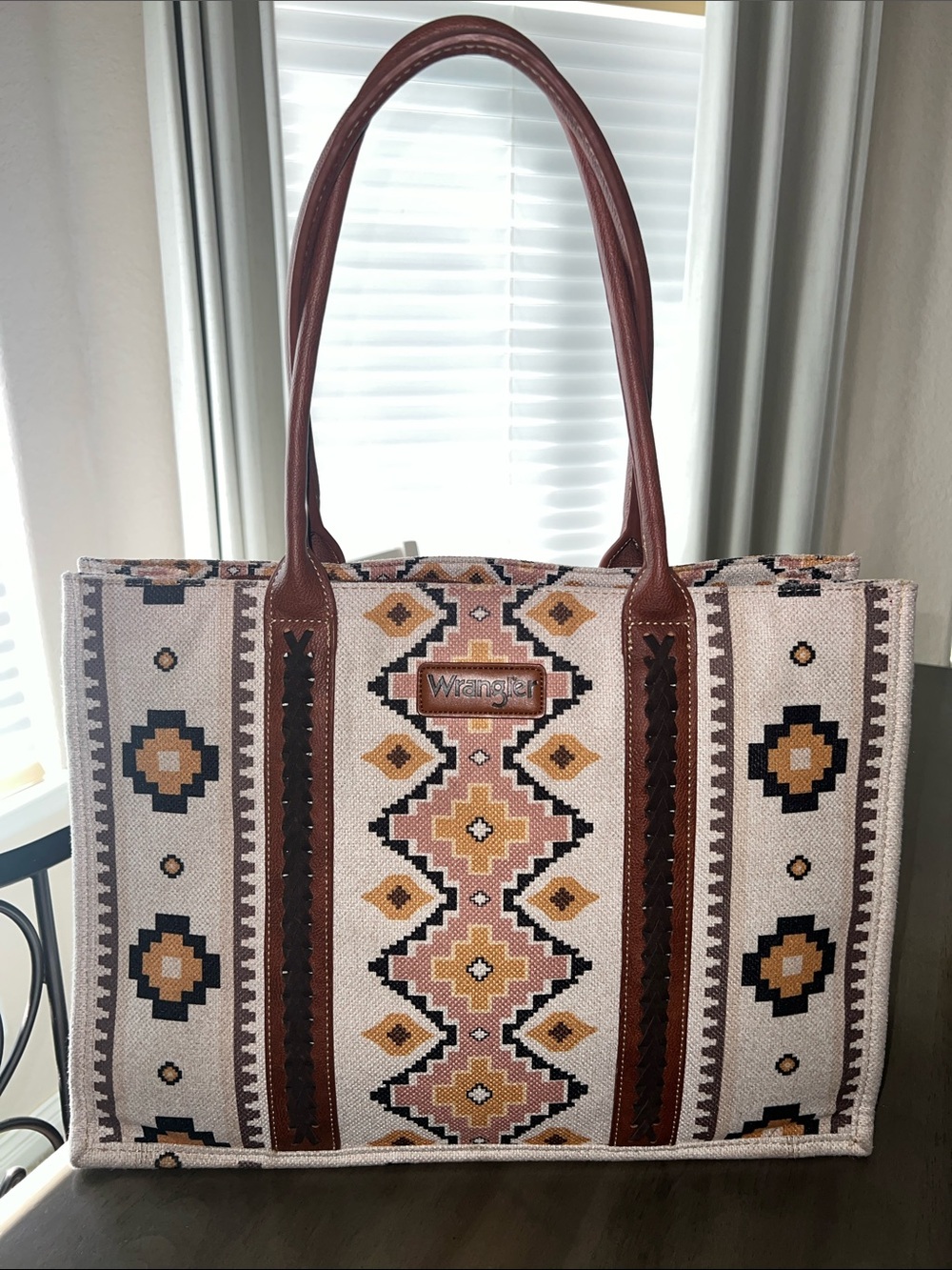 Wrangler Geometric Aztec Canvas Tote in Beige, Brown and Black